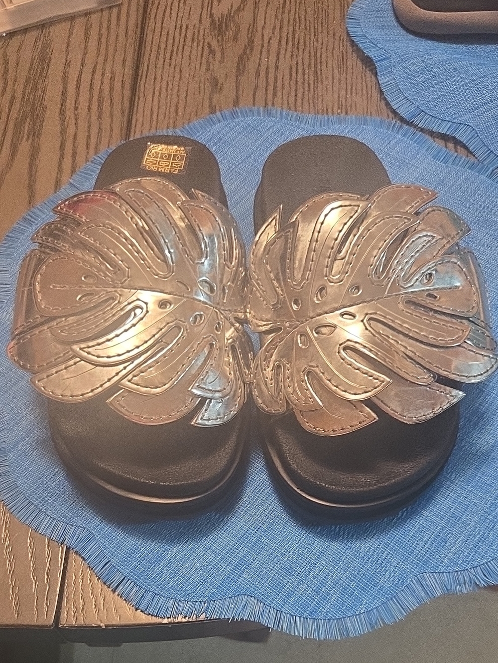 Farm Rio Monstera Metallic Leaf Anatomical  Slide Sandals in Metallic Silver